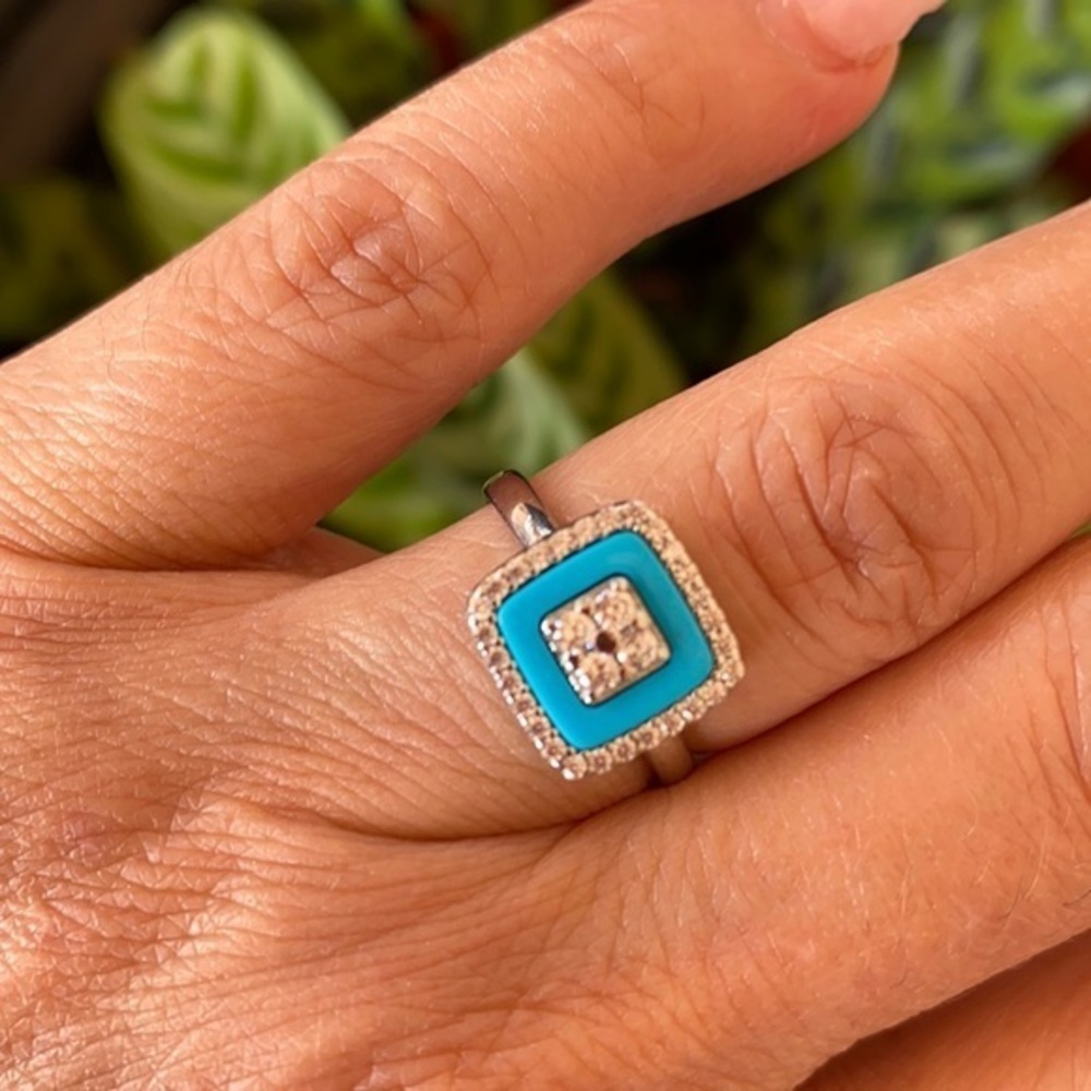 NEW 925 SILVER SQUARE RING CZ BLUE OPAL RING
